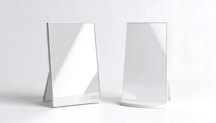 Two blank white menu card stands angled on a white surface, bright lighting