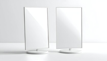 Two blank tabletop displays, white frames, circular bases, minimalist design