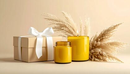 Gift box, amber jars, & candle with pampas grass, against neutral background