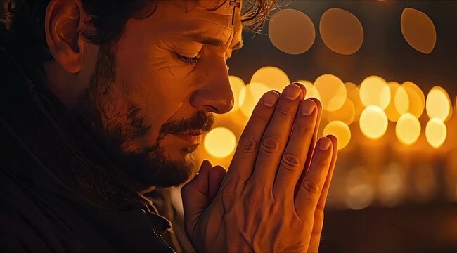 A man with an ash cross on his forehead praying among candles for Ash Wednesday and Lent season