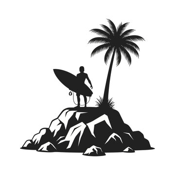 Silhouetted surfer standing with surfboard near a palm tree