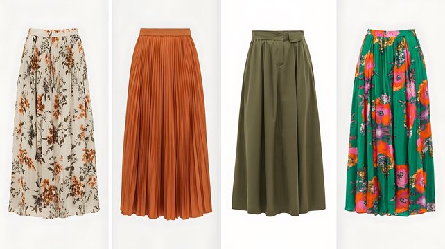 Collection of colorful long skirts isolated on white background fashion clothing display
