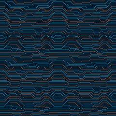 Futuristic Circuit Board Pattern with Blue and Orange Lines on Dark Background for Technology and Innovation Themes