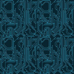 Seamless Circuit Board Pattern with Blue Lines on Dark Background for Technology and Electronics Design