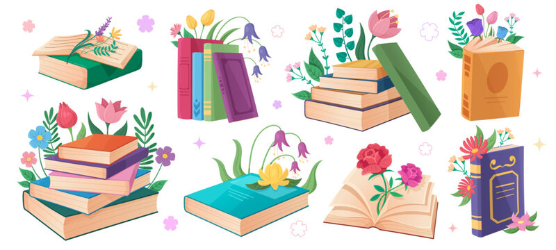 Book collection with floral arrangements - open books, stacked volumes and blooming flowers. Romance spring library vector illustration with blossom bouquets and cartoon literature reading designs.
