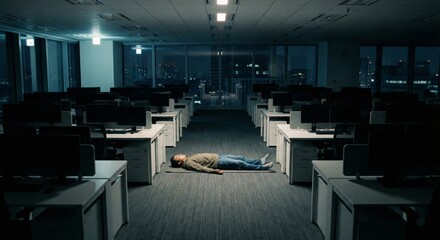 Overworked businessman lying on office floor at night, exhausted from long hours and job stress in empty workspace