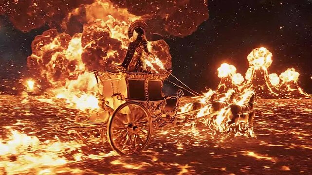 A golden chariot pulled by flaming horses racing across the surface of the sun.