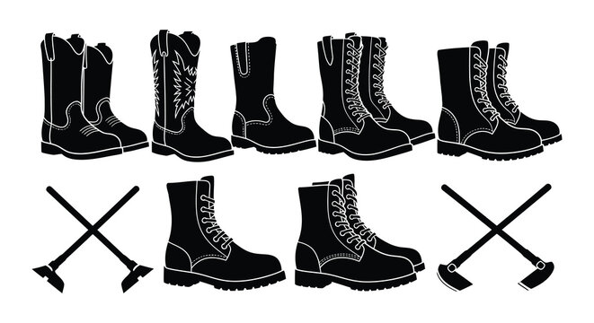 Black and white illustration of cowboy boots and horseshoes arranged in a grid