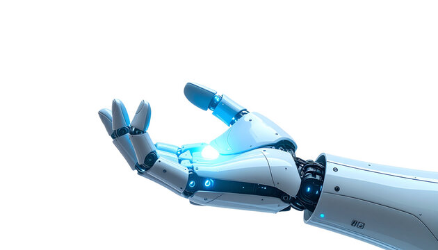 Futuristic robot hand isolated on transparent background, high-quality PNG showing advanced metallic design, perfect for AI, robotics, technology, and innovation concepts.