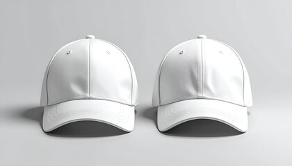 Two blank white baseball caps side-by-side on neutral grey surface