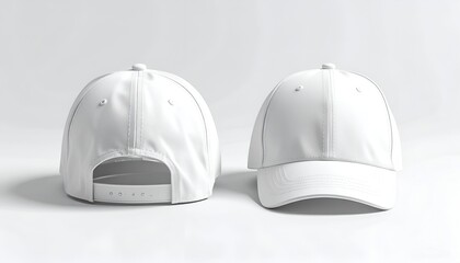 Two white baseball caps, front and back view, on a plain white surface