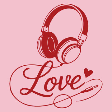 White headphones with cord dash line love card vector illustration representing music romance emotion connection and modern lifestyle concept