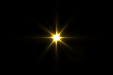 Small bright yellow star with sharp rays and subtle highlights on a black background. Vector illustration with glowing effect.