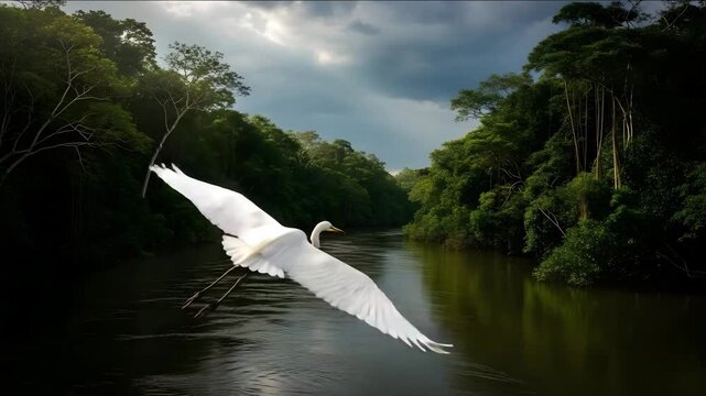Majestic white egret bird soaring low over a dark winding jungle river