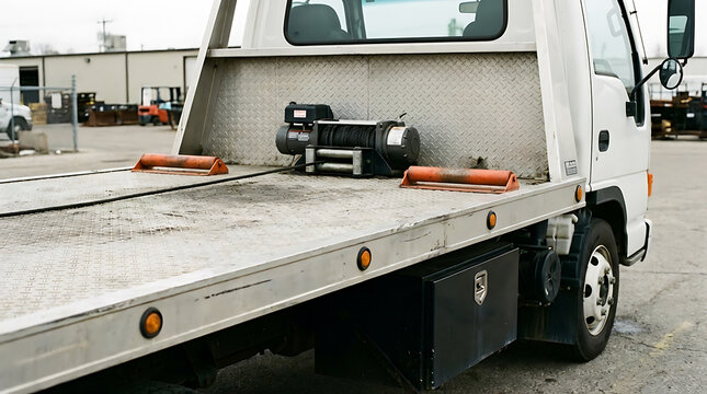 Tow truck with winch on flatbed ready for heavy duty recovery
