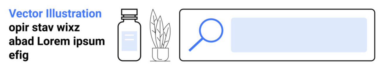 Obraz premium Online search, healthcare access, e-commerce, branding concepts, wellness, research. Search bar with magnifying glass, bottle and plant. Online search and healthcare focus concepts