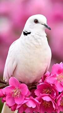 A beautiful white dove with red eyes perches on a branch of pink flowers.