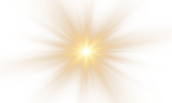 Bright golden sunburst with soft and sharp rays, glowing light effect isolated on transparent PNG background.