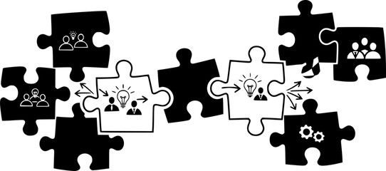 Naklejka premium Puzzle piece connection for teamwork integration and logical strategy solution concept – Black and White Vector Illustration