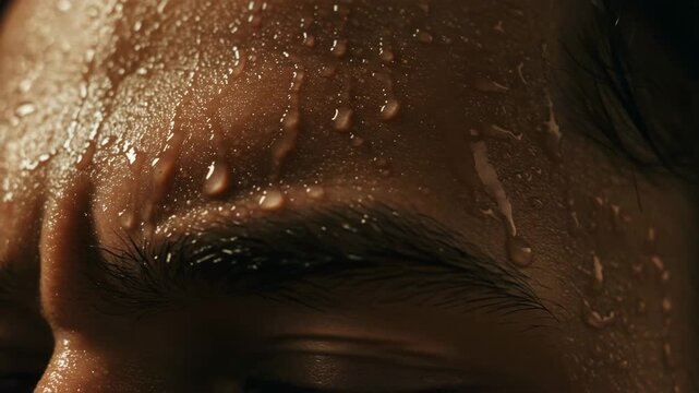 Close-up of sweating man's forehead with water droplets  