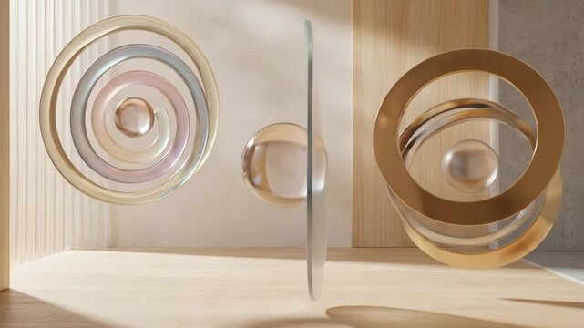 Abstract 3d composition of a spiral disc with sphere, frosted glass pane with central orb, and interlocking metallic rings with pearl, floating in a sunlit minimalist room