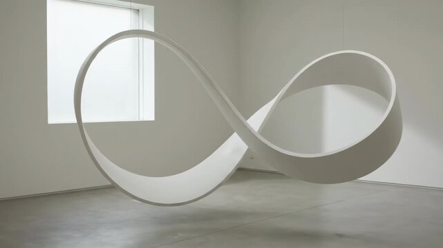 White infinity symbol sculpture floating in a minimalist art gallery with a window bringing natural light, symbolizing eternity, cycles, and endless possibilities