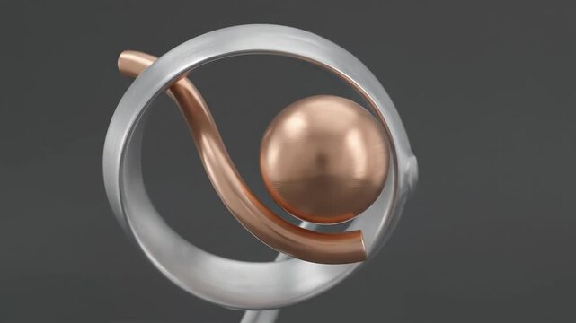 Abstract 3d rendering featuring a copper sphere, a curving copper rod, and a brushed silver ring intricately intertwining against a dark gray background, creating a minimalist and modern design
