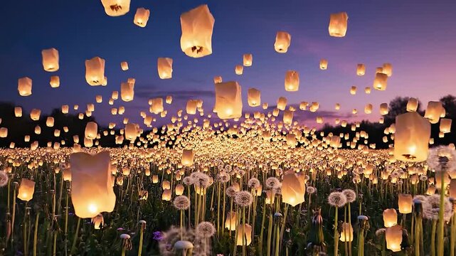 Dandelion seeds detaching and floating away as tiny glowing lanterns.