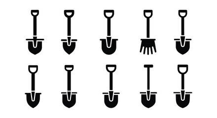 Collection of black silhouette garden tools primarily shovels and spades © MdNirob