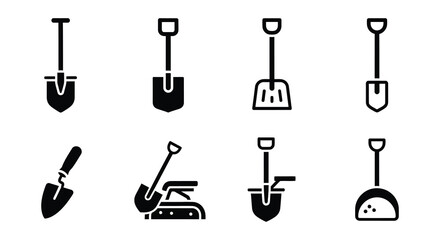 Fototapeta premium Collection of black silhouette garden tools primarily shovels and spades