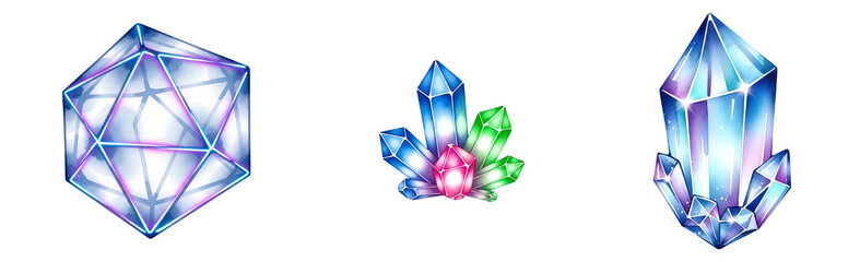 A vibrant crystal cluster with purple, blue, green, and pink crystals on transparent background