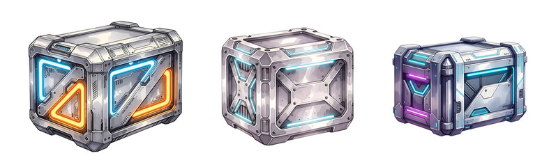 Three futuristic metallic cubes with glowing neon lights on transparent background