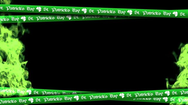 Patrick&rsquo;s Day background with green flames and shamrock ribbon borders, seamless looping animation