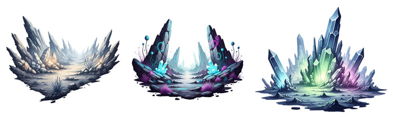 A vibrant crystal formation glows with purple, blue, and green lights on a transparent background