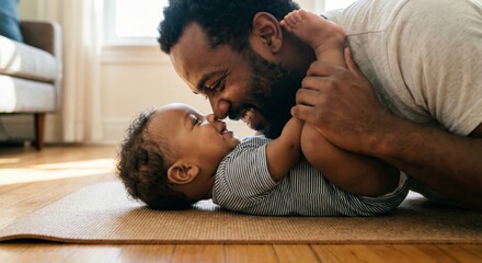Loving father bonding with baby son on floor at home, sharing smiles and tender moments in bright sunlight