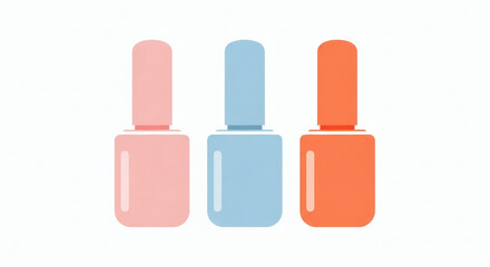 Three bottles of nail polish in pastel pink, blue, and orange  