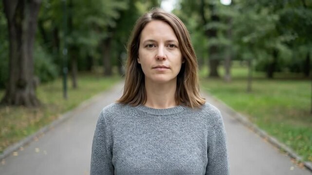 Woman with neutral expression standing centered on winding paved park path, wearing casual gray sweater and dark pants, looking at camera amid green trees and grass in soft daylight
