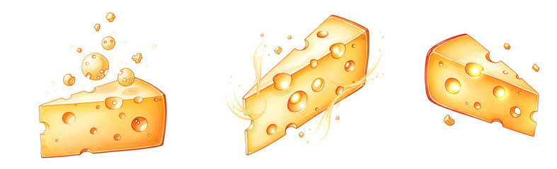 A set of cheese wedges with motion lines on transparent background