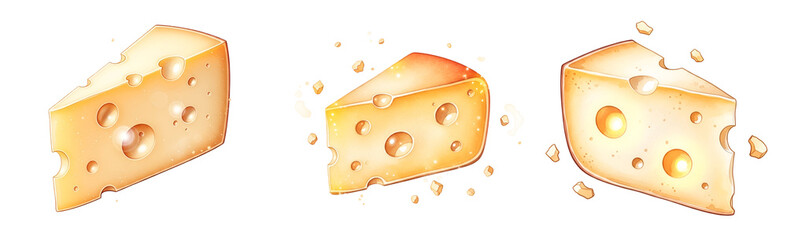 Three pieces of cheese flying through the air on transparent background