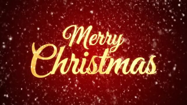 Elegant glowing golden script text reading merry christmas materializing against a deep rich red background texture with falling soft white snow particles creating a festive holiday animation.