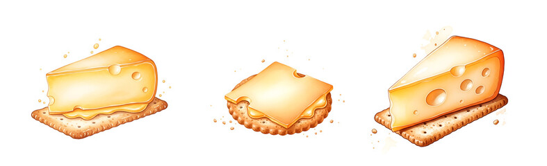 A set of cheese slices on crackers on transparent background