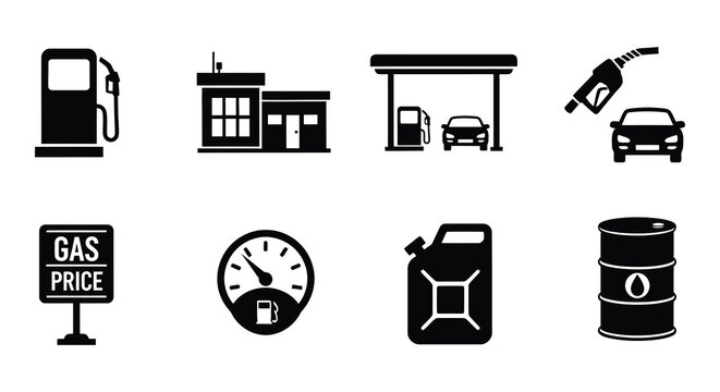 Black and white icons representing gas stations fuel and related elements