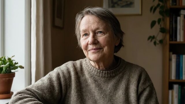 Senior woman gazing out a window in quiet reflection, bathed in natural light at home with books and plants behind her, peaceful, pensive, dignified moment