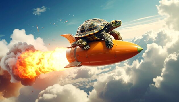 Turtle riding orange rocket flying above clouds