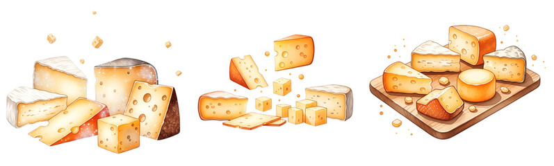 A collection of various cheese types on a wooden board and floating in mid-air on transparent background