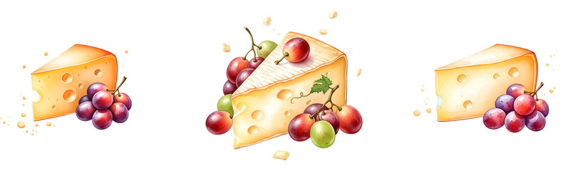A set of cheese wedges with grapes and cherries on transparent background