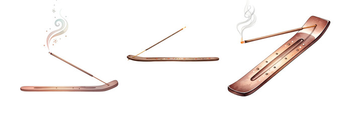 A set of copper incense holders with sticks on transparent background