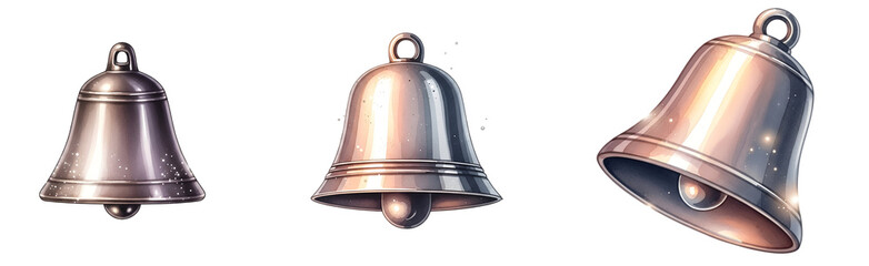 Three shiny metal bells on transparent background
