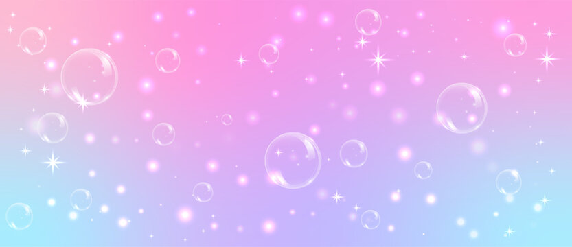 Soft pink and lavender gradient background with floating bubbles, glowing stars and dreamy bokeh lights, magical cute backdrop with dream pink glitter effect.