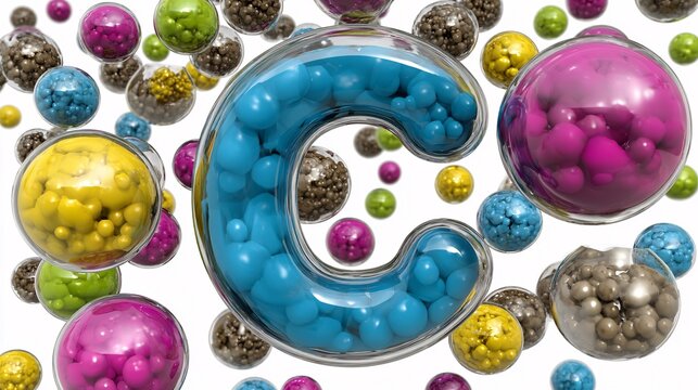 3D render of different organic molecules like glucose and amino acids floating around a central carbon symbol. The colors are bright and professional to illustrate the diversity of carbon-based 